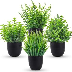 Der Rose Fake Plants 4 Packs Artificial Plants Small Faux Plants Black Bathroom Accessories for Halloween Bathroom Home Kitchen Coffee Table Office Desk Decor Indoor (Green)