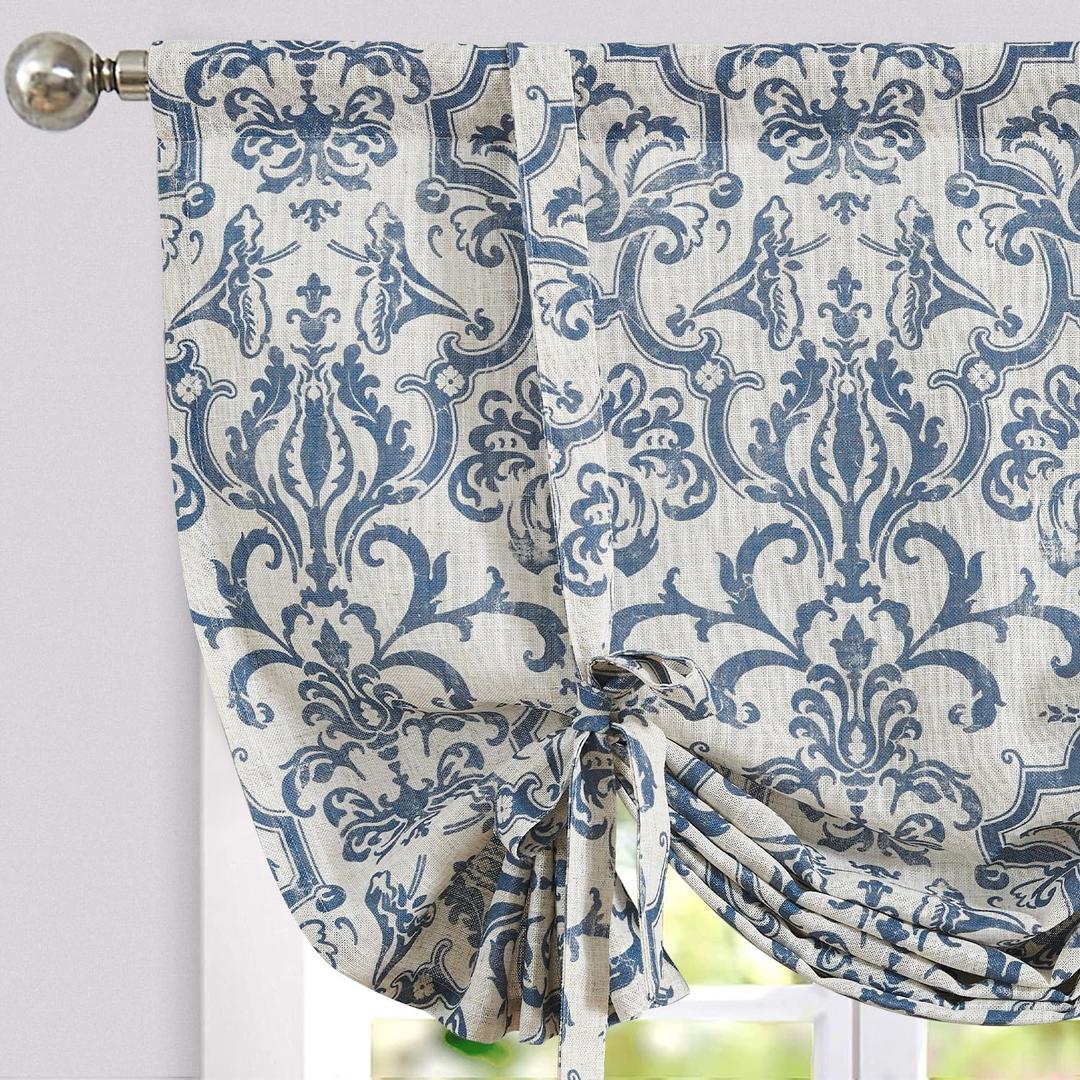 jinchan Linen Tie Up Valance for Flax Floral Drapes Vintage Farmhouse Medallion Window Treatments Light Filtering Curtain for Living Room Laundry Cafe Rod Pocket 1 Panel 45 Inch Slate Blue