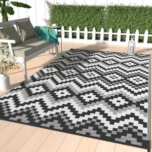 GENIMO Outdoor Rug Waterproof 5x8 ft, Lightweight Plastic Straw Rugs, Outside Reversible Area Mat Carpet for Patio, Camping, RV, Deck, Balcony, Porch, Backyard, Black & White