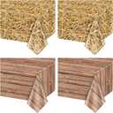 2Pcs Straw Tablecloths and 2Pcs Wood Grain Tablecloths Rectangular Straw Wood Grain Table Decorations for Farm Party Cowboy Western Theme Party Supplies, 51 x 86 inch