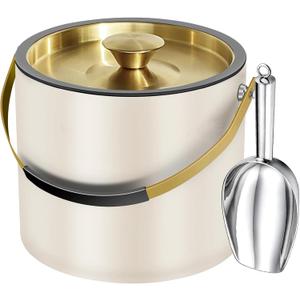3.2L Modern Insulated Ice Bucket with Silicone Lid, Scoop, Strainer, Double Wall Stainless Steel Ice Bucket for Parties & Cocktail Bar,Ideal for Gift(Pearl White) (Beige)