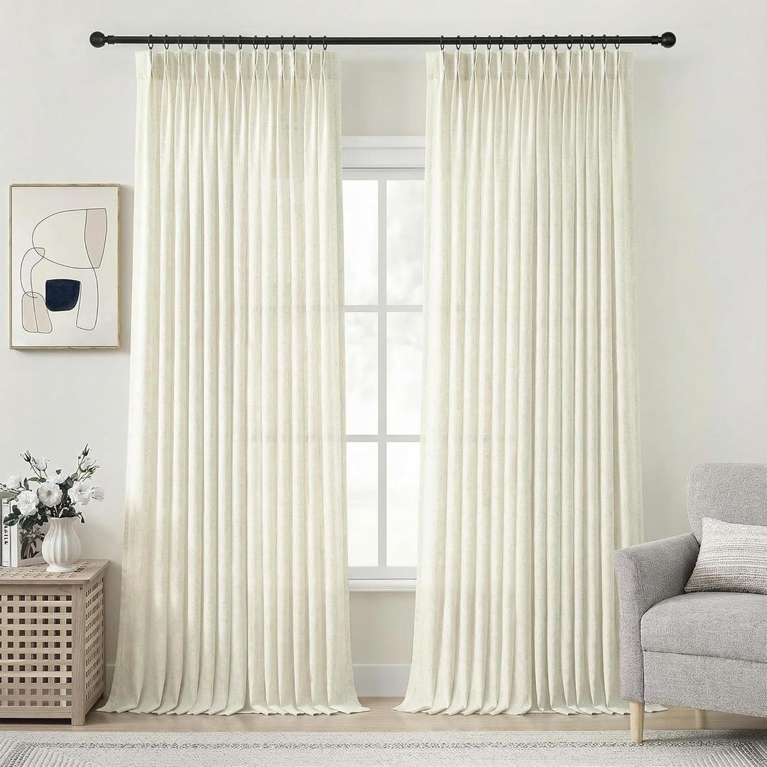 Heavy Duty Pinch Pleated Linen Curtains 96 Inches Long for Living Room 2 Panels Light Filtering Boho Sheer Window Drape with Hooks Rings 8ft Cream Beige