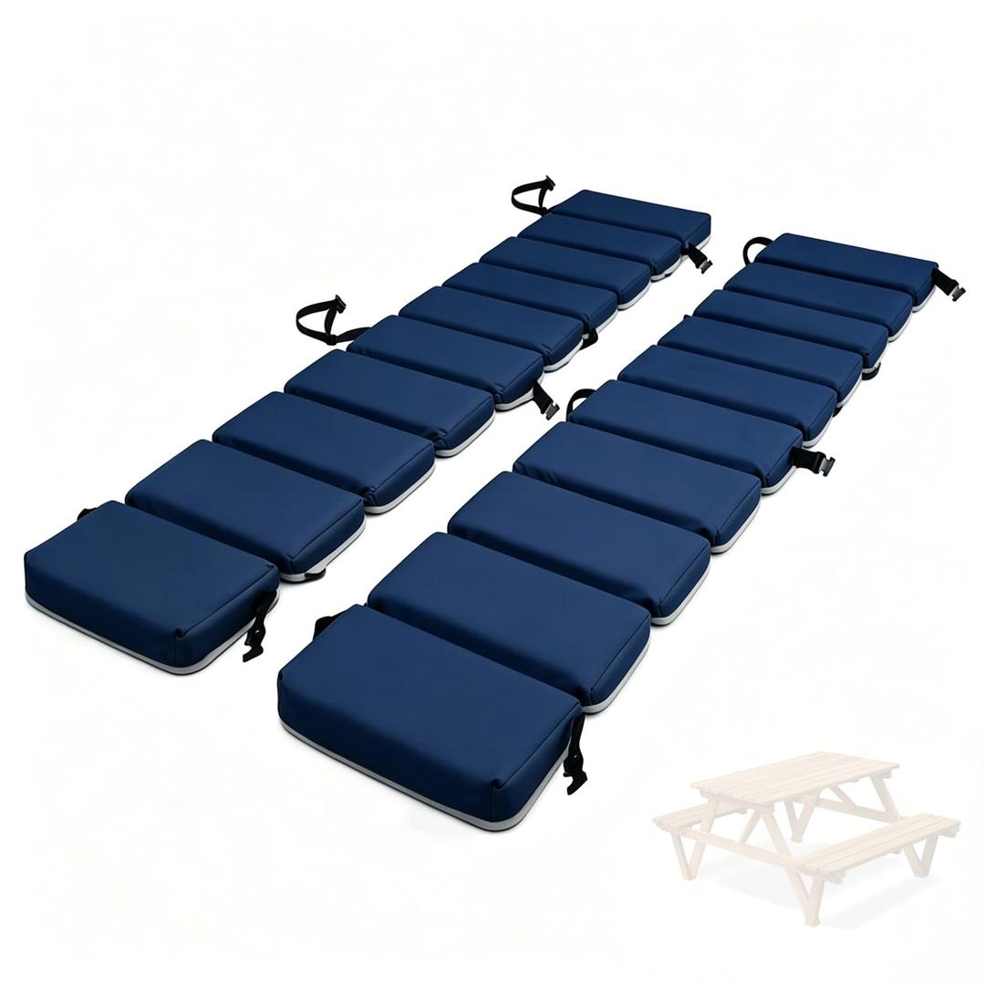 MFPMTUXO 2 Pcs Outdoor Picnic Bench Cushion,Waterproof Picnic Table Seat Cushions with Buckles,Olefin Benches Pads for Garden,Camping,Patio (Navy Blue, 72 * 10in)
