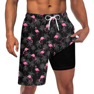 UNICOMIDEA Men Swim Trunks with Compression Liner 9 Inch Long Board Shorts, Medium, A2 Black Pink