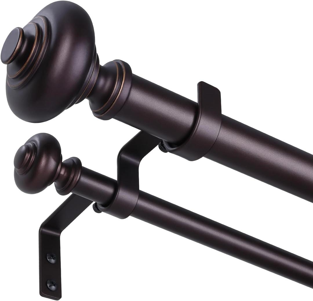 Bronze Double Curtain Rods for Windows 36 to 72 inch, Farmhouse Vintage Decorative 1 Inch Adjustable Dual Curtain Rod, Heavy Duty Boho Rustic Double Drapery Pole with Brown Grain Finials