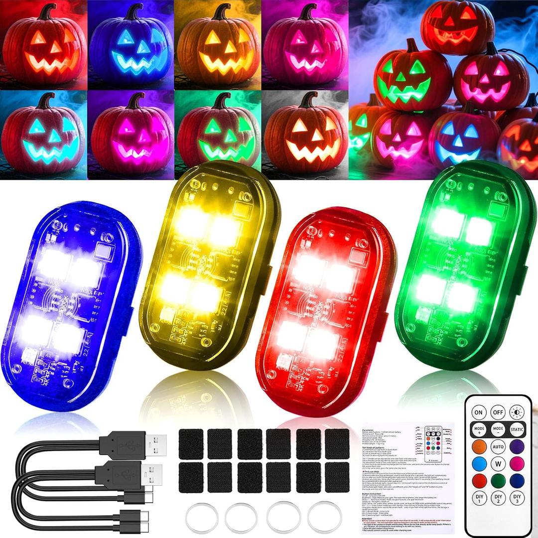 NEW 4-LED Version Wireless LED Strobe Lights with Remote Control, Halloween Wireless LED Lights for Car, Waterproof Anti-Collision Type-C Charing Emergency Warning Light for Car Drone Bike Aircraft