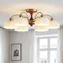 Milk Glass Chandelier Farmhouse Rustic Semi Flush Mount Ceiling Lamp Frosted White Globe Pendant Light Mid Century Modern Wood Grain Chandelier Sputnik Ceiling Light