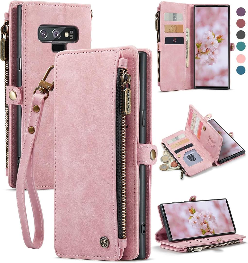 Defencase Compatible with Galaxy Note 9 Case Wallet with RFID Blocking Card Holder for Women Men, PU Leather Magnetic Snap Flip Zipper Strap Phone Case Fit for Samsung Galaxy Note 9, Rose Pink