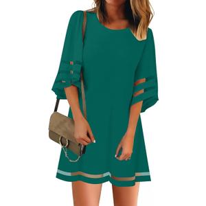 LookbookStore Women Casual Crewneck Mesh Panel 3/4 Bell Sleeve Loose Tunic Dress (X-Large, Evergreen)