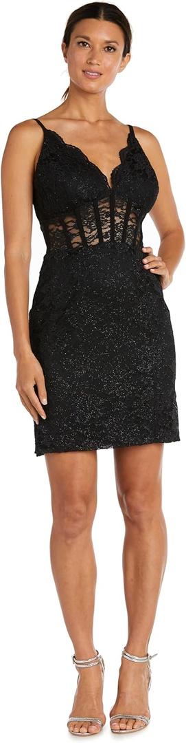 Mini Lace Corset Dress W/Scallop Bodice & Spaghetti Straps (13, Black)