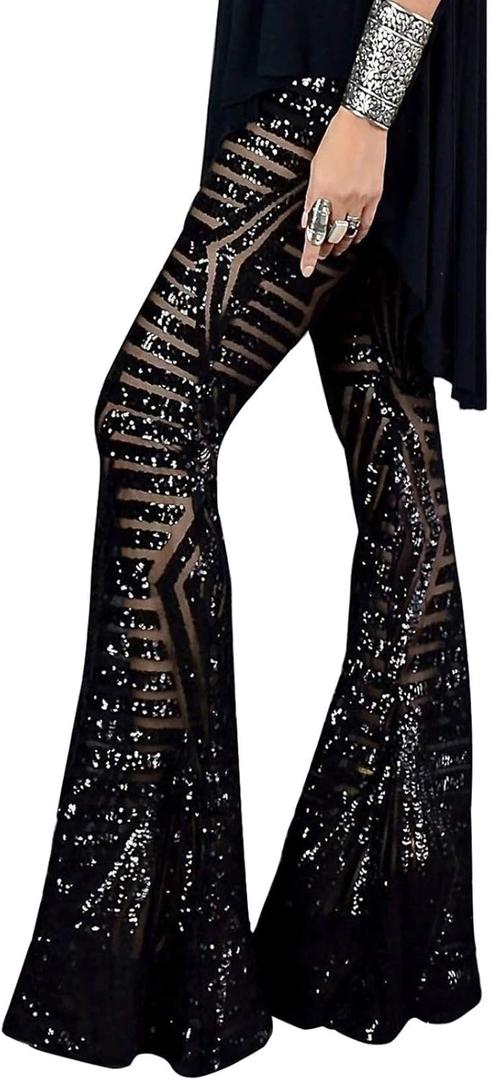 BLENCOT Women's Glitter Sequin Wide Leg Palazzo Pants High Waist Bell Bottoms Party Flared Trousers (S, Black)