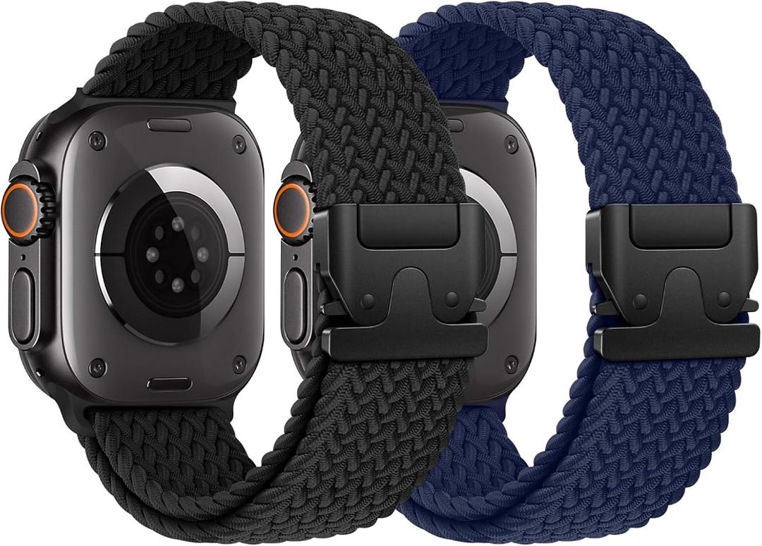 Braided Stretchy Solo Loop Compatible for Apple Watch Ultra 2 Band 49mm 46mm 45mm 44mm 42mm 41mm 40mm 38mm Men Women, Nylon Sport Bands with Parachute Buckle for iWatch Series 11 10 9 8 7 6 SE 5 4 3 (Black/Navy Blue)
