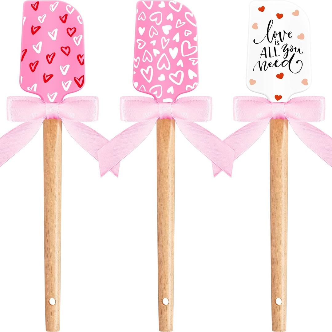 3 Pcs Valentine Silicone Spatulas with Wooden Handles Valentine Pattern Heat Resistant Baking Silicone Spatulas with Pink Satin Ribbon Bows for Baking, Cooking and Sautéing