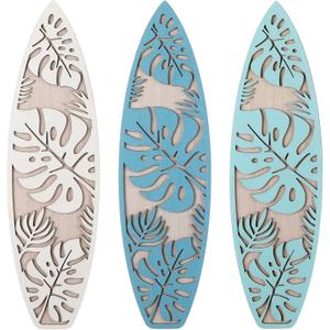 RattanView 3 Pieces Surfboard Decor for Bedroom Wooden Beach Wall Decor Summer Wood Surfboard Wall Hanging Sign for Tropical Living Room Decoration(Monstera,Blue)