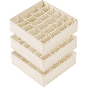 Criusia 3 Pack Sock Underwear Drawer Organizer Dividers, 64 Cell Fabric Foldable Cabinet Dresser Closet Organizers and Storage Boxes for Organizing Socks, Underwear, Ties (16+24+24 Cell, Beige)