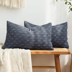 MIULEE Pack of 2 Decorative Burlap Linen Throw Pillow Covers Modern Farmhouse Vintage Pillowcase Rustic Woven Textured Cushion Cover for Sofa Couch Bed 12x20 Inch Blue