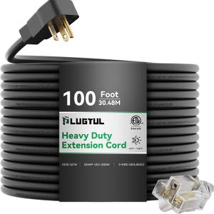 PLUGTUL 20AMP Extension Cord 100FT, NEMA 5-20 Heavy Duty Extension Cord, Lighted End, 12Gauge, SJTW, 20AMP 125V 2500W, Black