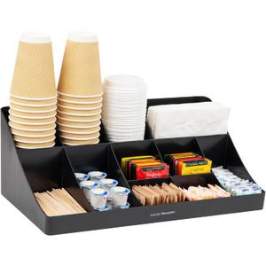 Mind Reader Cup and Condiment Station, Countertop Organizer, Coffee Bar, Kitchen, Stirrers, 17.875"L x 9.5"W x 6.625"H, Black