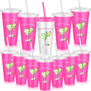 12 Pcs Margs and Matrimony Bachelorette Party Cups 24oz Bridesmaid Reusable Plastic Cups with Lids and Straws for Wedding Bridal Shower Party Favors Gifts