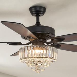 NOXARTE 52 Inch Crystal Ceiling Fan with Light, Modern LED Fandelier with Remote, Black Chandelier Fan Reverse Motor Wood Blades with 6 Speeds for Living Dining Room, Black 