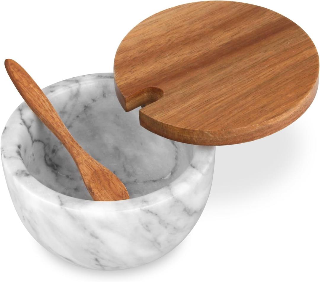 Salt Cellar Box with Lid & Spoon, Modern White Stone Salt or Pepper Sugar Spice Seasoning Bowl Container Jar Holder Well Keeper Dish Pig Crock for Kitchen (White/Grey Marble Bowl)