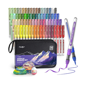 JusArt 72 Colors Acrylic Paint Markers with Canvas Bag, Water-Based No-Bleed Paint Pens with Automatic Ink Control, Waterproof Brush Tip Markers for DIY Art & Crafts -Eggs, Fabric, Rock, Glass, Metal
