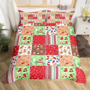 Erosebridal Red Green Christmas Full Duvet Cover,Cute Snowman Gingerbread Man Bedding Set Gifts for Kids Girls Boys,Multicolor Patchwork Bed Set Winter Xmas Duvet Cover 3Pcs (No Comforter)