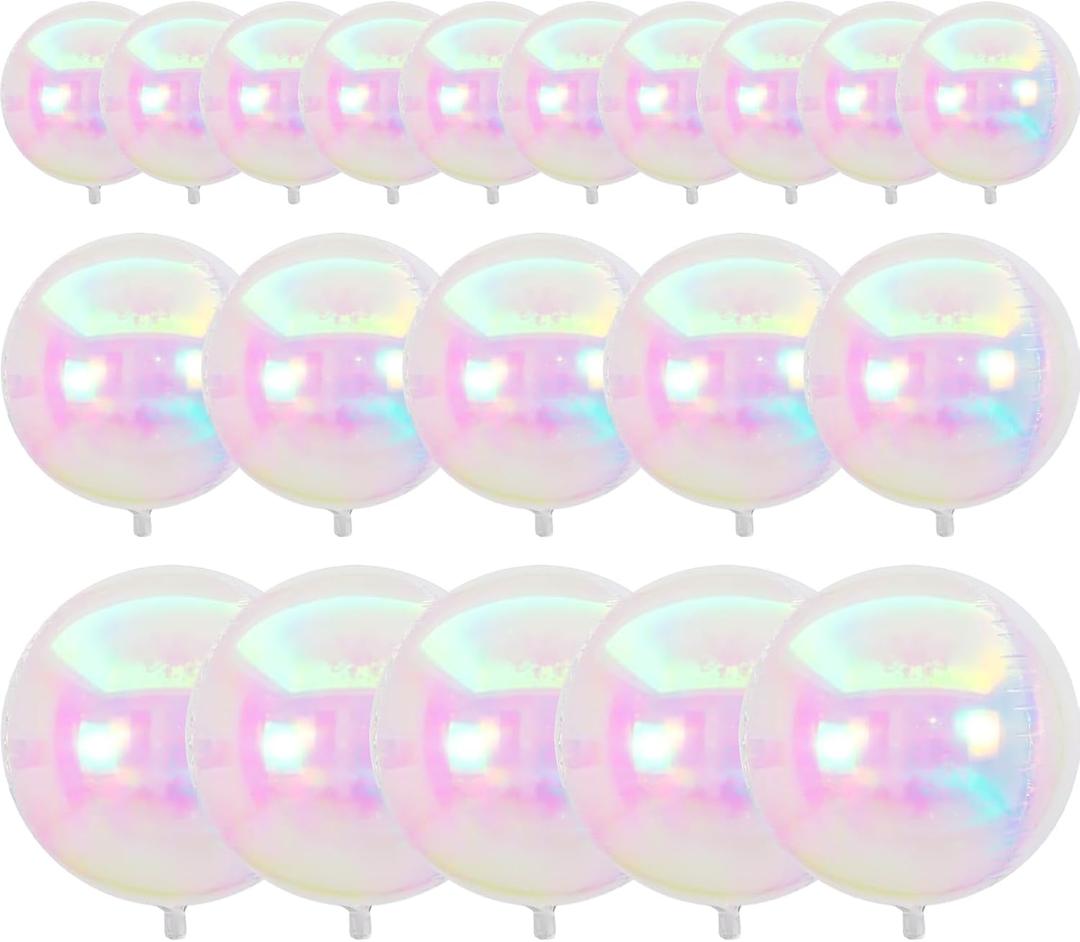 PartyWoo Foil Iridescent Balloons, 20 pcs Round Foil Balloons Different Sizes Pack of 22 Inch 12 Inch 10 Inch 4D Foil Balloons and Ribbon, Foil Balloons for Birthday Decorations, Party Decorations