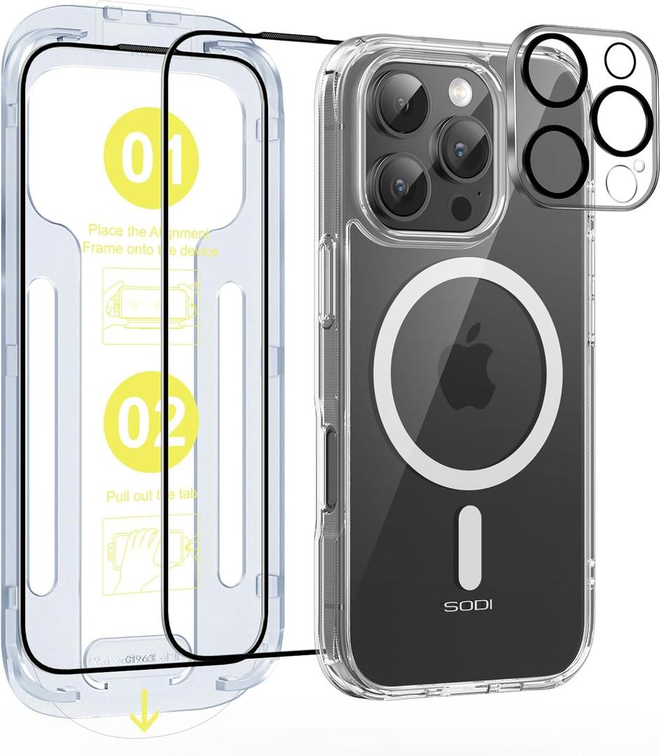 SODI 3-in-1 for iPhone 16 Pro,[1X Screen Protector + 1X Camera Lens Protector][Military-Grade Protection][Not-Yellowing] Shockproof Magnetic Case for iPhone 16 Pro 6.3 Inch, Clear