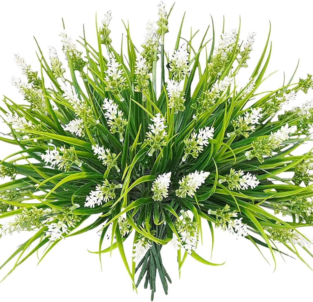 Artificial Fake Outdoor Plants Flowers for Spring Decoration, UV Resistant Realistic White Plastic Flowers Faux Plant Monkey Grass for Planter Home Garden Porch Patio Window Box(White-A, 12 Pcs)