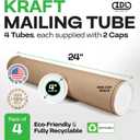 IDL Packaging Cardboard Mailing Tubes, 4" x 24" with Plastic Caps, Pack of 4 - USA-Made USPS Approved Poster Tube for Documents & Blueprints - Reinforced Mailing Cylinders for Shipping & Storage