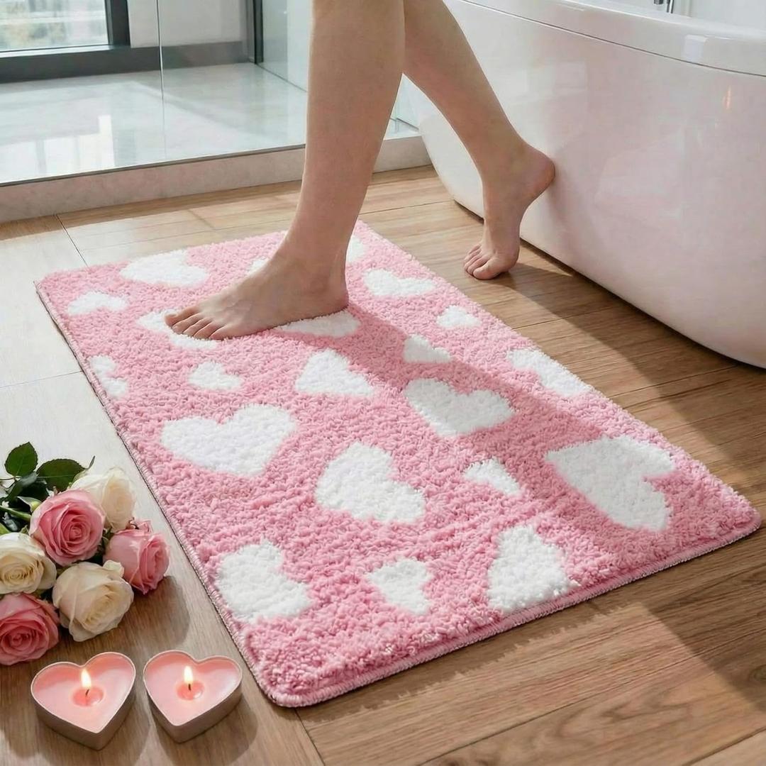 Duraaamo Valentines Bathroom Rug 16 x 24 Inch Pink Love Heart Tufted Bath Mat Decoration Absorbent Non Slip Rectangle Anniversary Wedding Mat Floor Doormats Rugs for Bathroom Living Room Home Decor