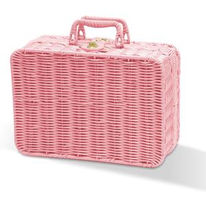 Mini Wicker Picnic Basket, Decorative Prop Suitcase Vintage Storage Hamper Makeup Organizer, 11.5" Metal Lock Rattan Storage Box with Handles for Sundries Travel Camping and Outdoor Party (Pink, L)