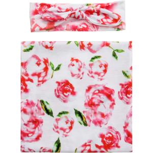 FasterS Infant Floral Swaddle Wrap with Headbands Hats Value Set Newborn Receiving Blanket Photography Props 35X35inch Pink