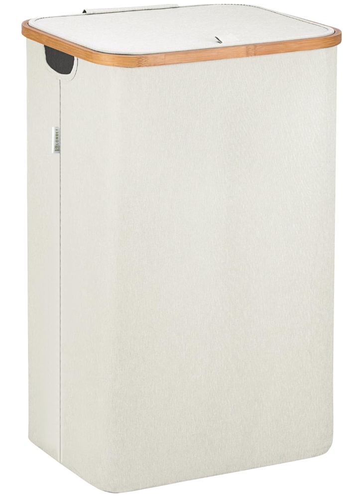 LONBET Laundry Basket with Lid, Made from Breathable Fabric | Aesthetic Clothes Hampers for Laundry with Side Handles & Sturdy Bamboo Frame (26 Gallons - Single, Beige)