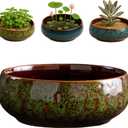 Oncpcare Lotus Bowl Planter  Glazed Ceramic Indoor Plant Bowl Lotus Pot for Lotus Seeds, Bonsai, Succulents | Shallow Hydroponic Decorative Oriental Flower Bowl (Green)