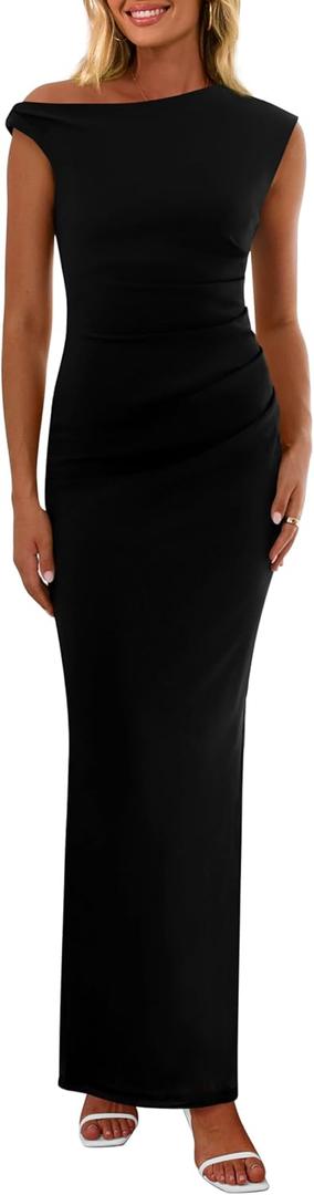 PRETTYGARDEN Women's 2026 Summer Formal Maxi Dresses Sleeveless One Shoulder Bodycon Ruched Mesh Wedding Guest Cocktail Dress (Black, XL)