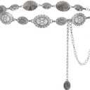 LEACOOLKEY Women Turquoise Concho Chain Waist Belt Silver Western Cowgirl Metal Chain Belt for Dress Adjustable (Fit for Waist up to 34")