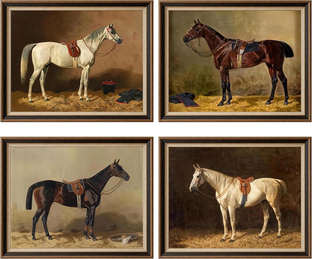 4Pcs Vintage Horse Poster Wall Art,Classic Equestrian Painting Picture Wall Decor,Rustic Antique Animal Canvas Print Artwork for Living Room,Bedroom,Gallery,Home Decoration 12x16in Unframed