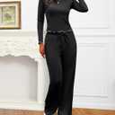 Gargenwed Women's Two-Piece Lounge Set, Long Sleeve Top and Wide Leg Pants with Pocket Casual Comfort Outfit (X-Large, Black)