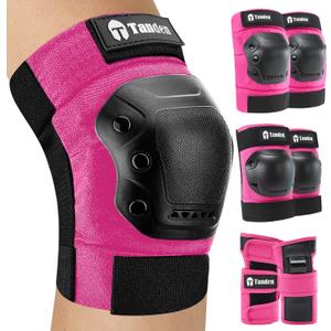 Tanden Skateboard Protective Gear Knee Pads and Elbow Pads Set, Elbow and Knee Pads for Roller Skating Wrist Guards Skateboarding Pads (Adult (14+ years), Pink)