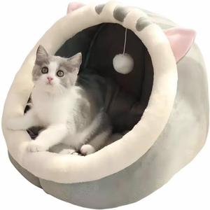 Covered Cat Bed, Orthopedic Memory Foam Cat Beds for Indoor Cats, Enclosed Cave Design with Washable Inner Cushion, Pink Cat Ears & Hanging Pom - Pom for Large Cats & Small Dogs