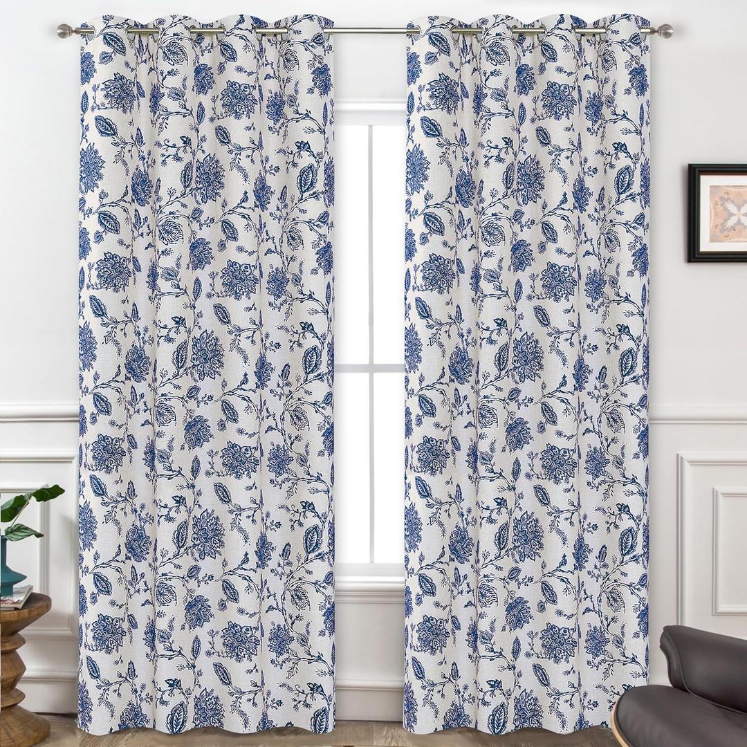 DriftAway Linen Floral Paisley Navy Blackout Curtains for Living Room Bedroom 96 Inch Length 2 Panels Lined Grommet Window Drapes Thermal Farmhouse Country Jacobean Curtains