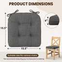 downluxe Indoor Chair Cushions for Dining Chairs, Tufted Overstuffed Textured Foam Kitchen Chair Pads with Ties and Non-Slip Backing, 15.5" x 15.5" x 4", Dark Grey, 4 Pack