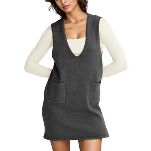 Womens Sweater Vest Dress V Neck Sleeveless Knit Pullover Pinafore Mini Dress with Pockets (Small, Grey)