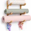 Geelin 3 Tier Yoga Mat Holder Wooden Wall Mount, Yoga Mat Gym Equipment Storage with 4 Hook for Hanging Foam Rollers and Resistance Bands, Storage Holder for Home Gym or Fitness Class