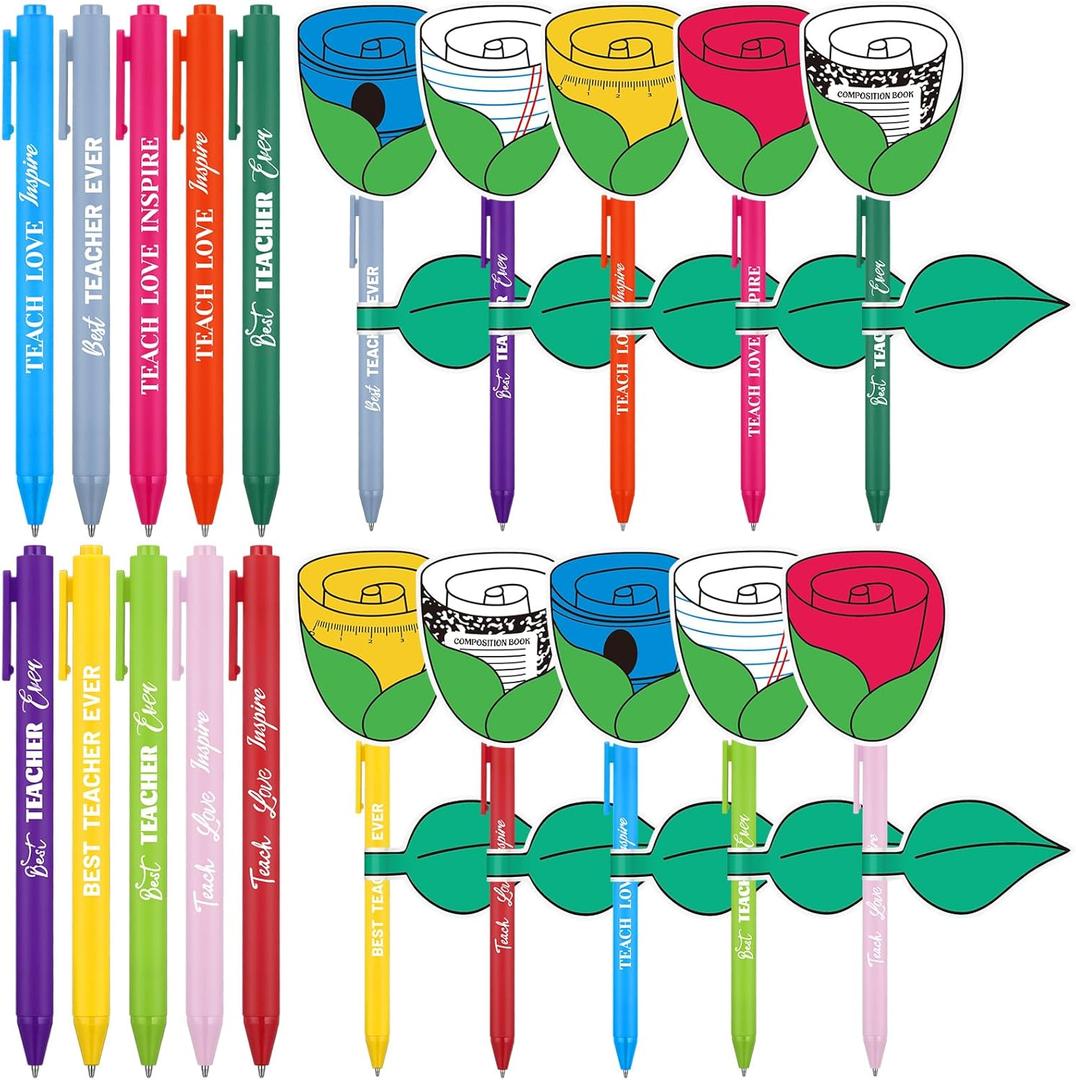 Tenceur 60 Sets End of Year Teacher Pens Gift Bulk with Rose Flower Cards Inspirational Teachers Gifts Bulk Ballpoint Pens Thank You Teacher Gift for Graduation Back to School Office Supplies
