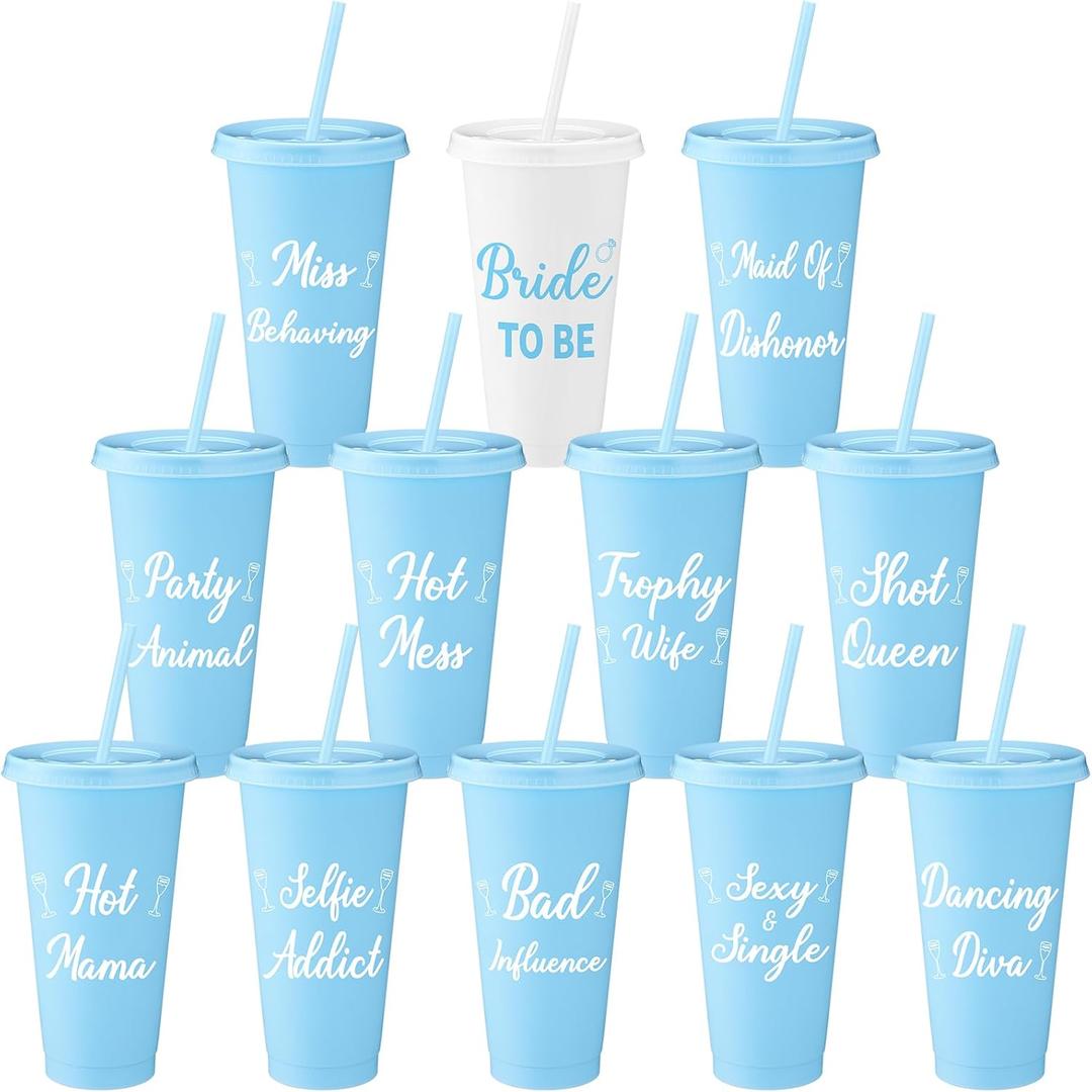 Yungyan 12 Pcs Bachelorette Cups for Party 24 oz Bridesmaid Cups with Lids and Straws Funny Bachelorette Party Supplies Bride to Be Tumbler Wedding Bachelorette Bag Fillers (Blue)