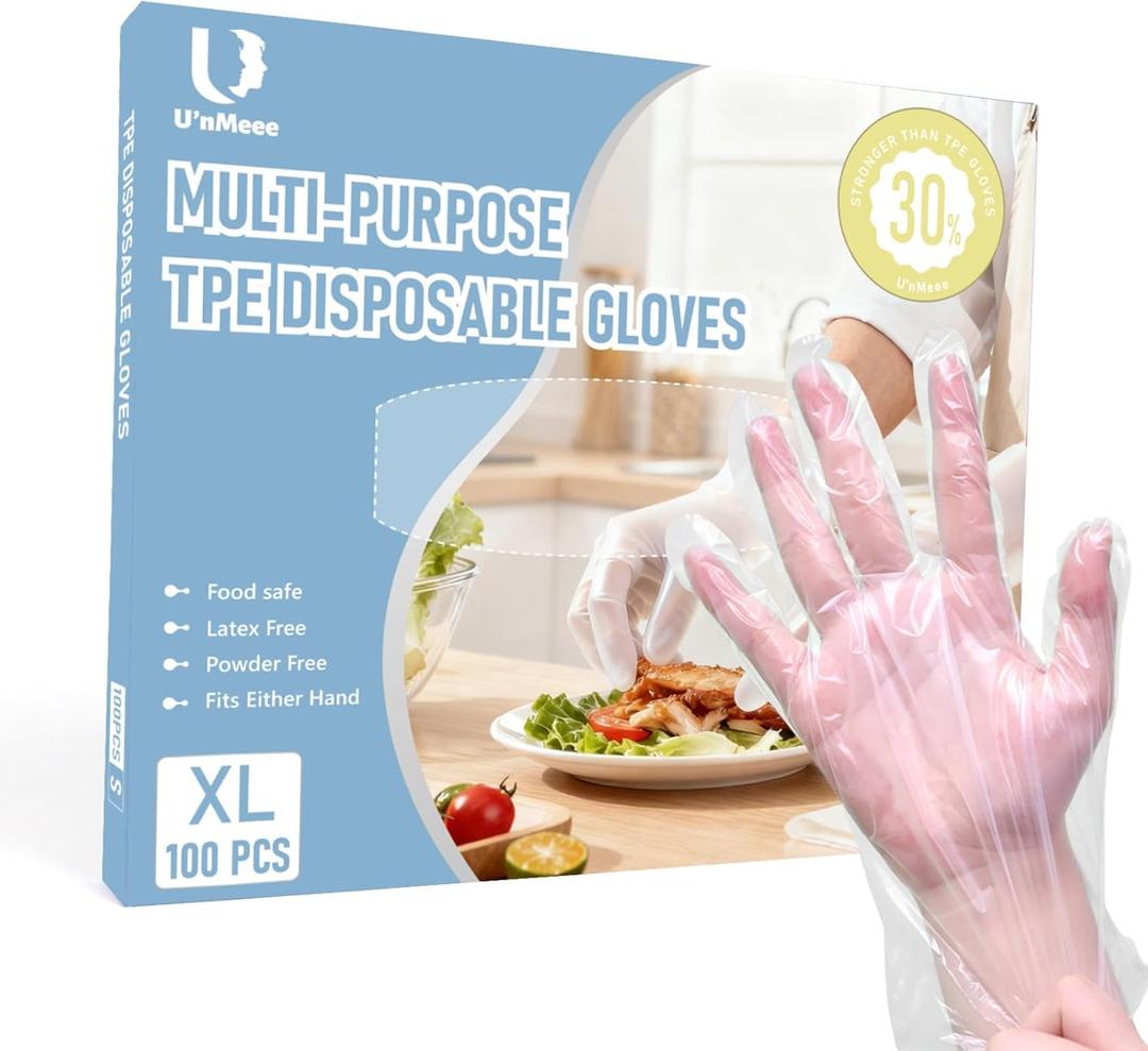 100 PCS Disposable TPE Gloves - Clear/White Plastic, Food Safe, Latex-Free, XL