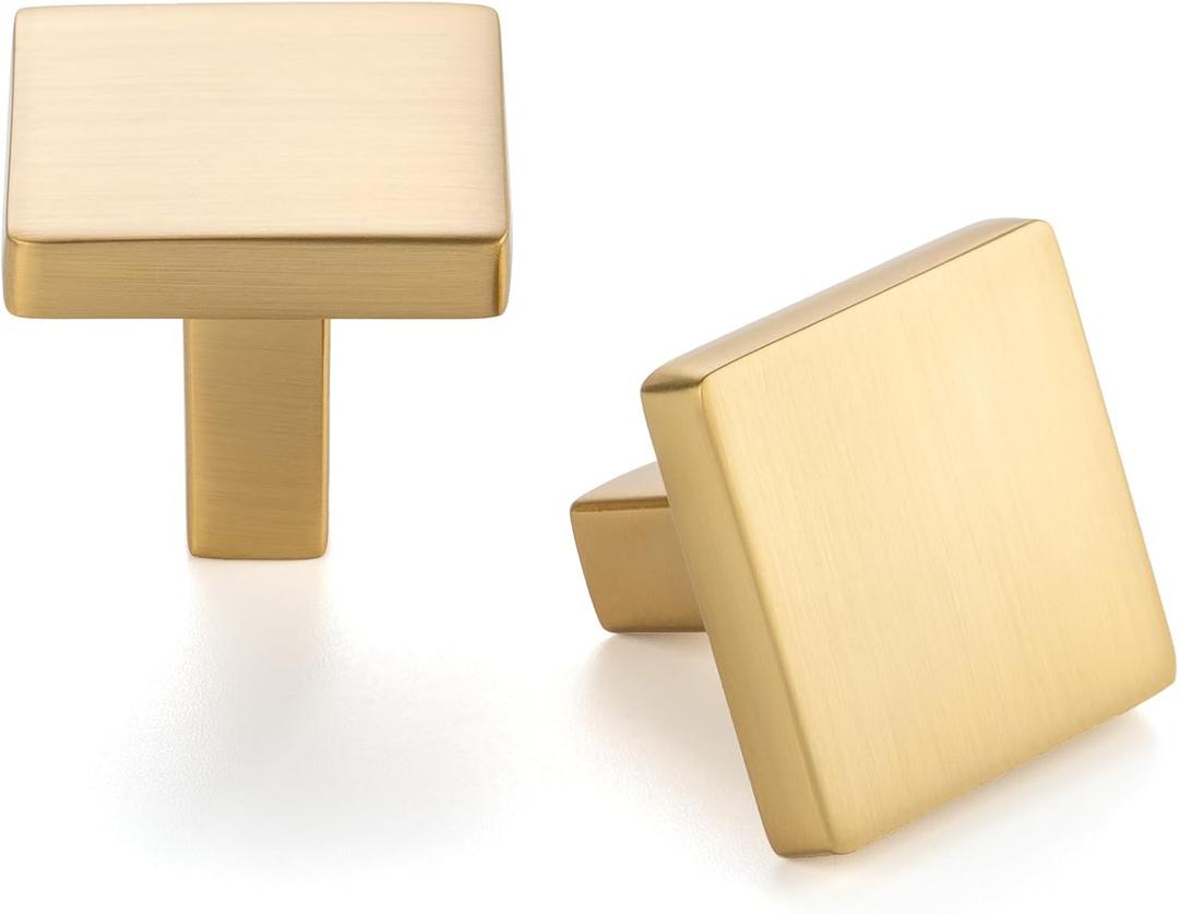 10 Pack 1-1/8 Inch, Square Brushed Gold Cabinet Knobs Gold Drawer Knobs Gold Cabinet Pulls, ZK2401 Solid Kitchen Hardware for Cabinets Drawers Bedroom Dresser Bathroom Vanity Cupboard